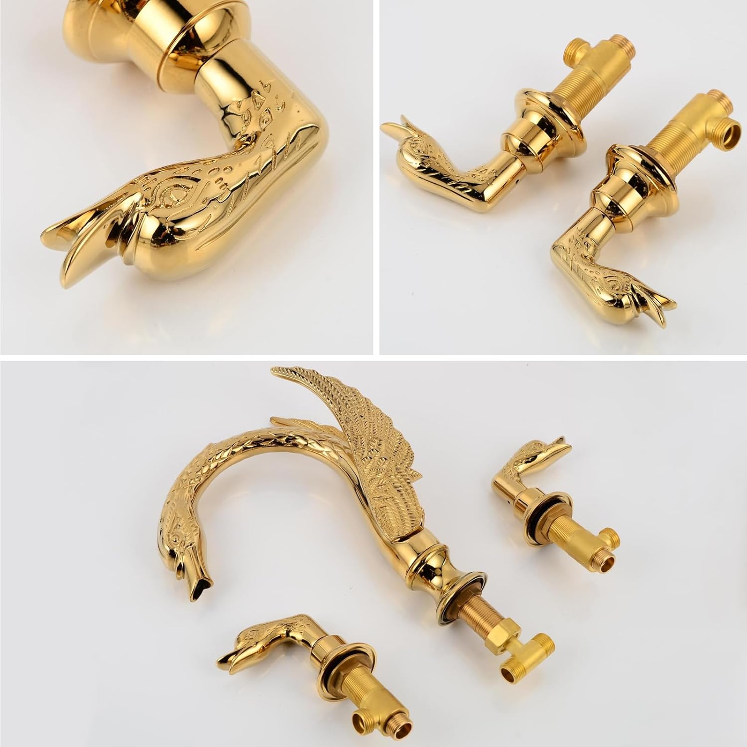 Golden Gold Ornate Swan Style Bathroom Sink Faucet Combo Deck Mount Sink Mixer Tap Set Hot Cold Water