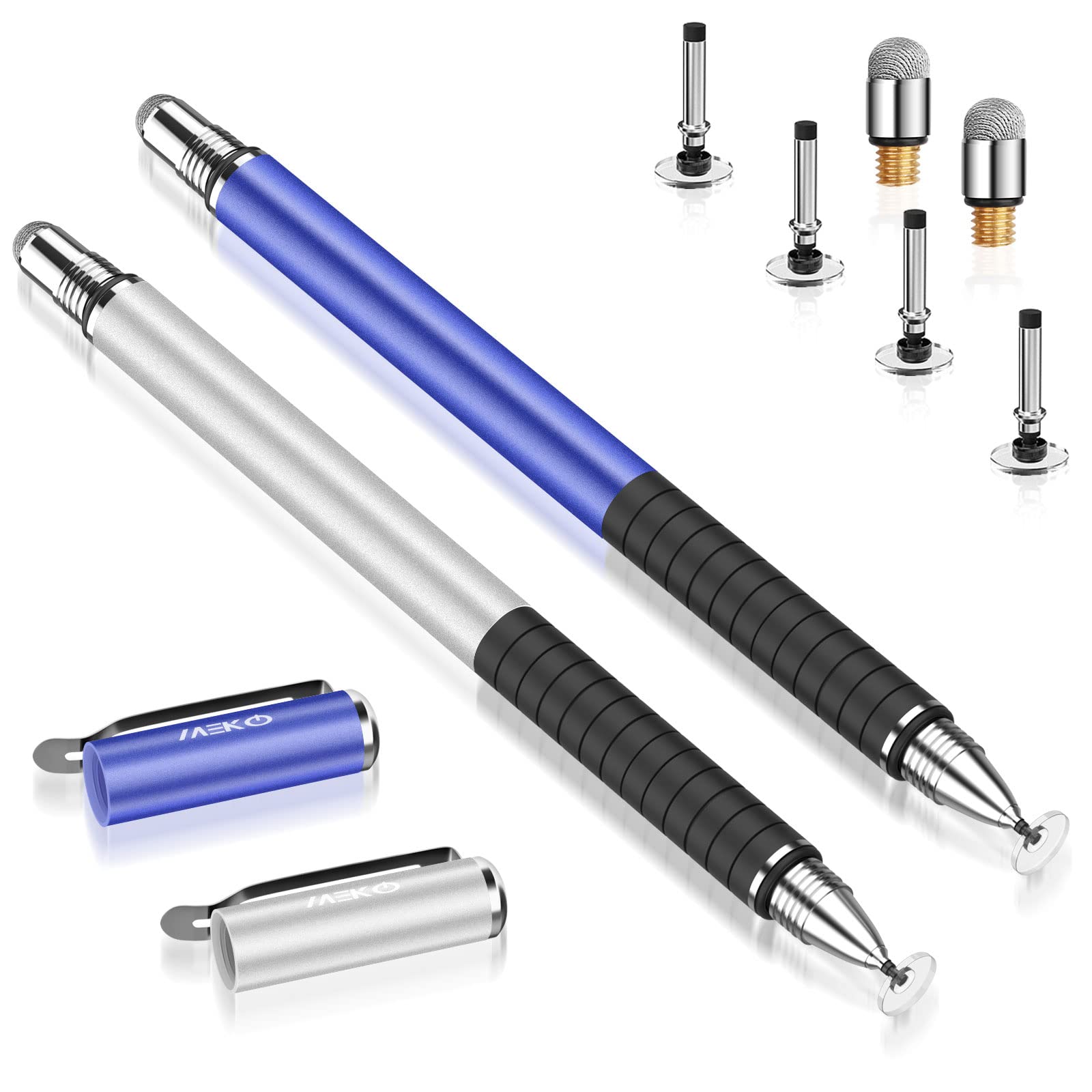 MEKOStylus Pens for Touch Screens, 2 in 1 Universal Disc Stylus Pens for iPhone, iPad and All Capacitive Cell Phones, Tablets, Laptops Bundle with 6 Replacement Tips - (2 Pcs, Blue/Silver)