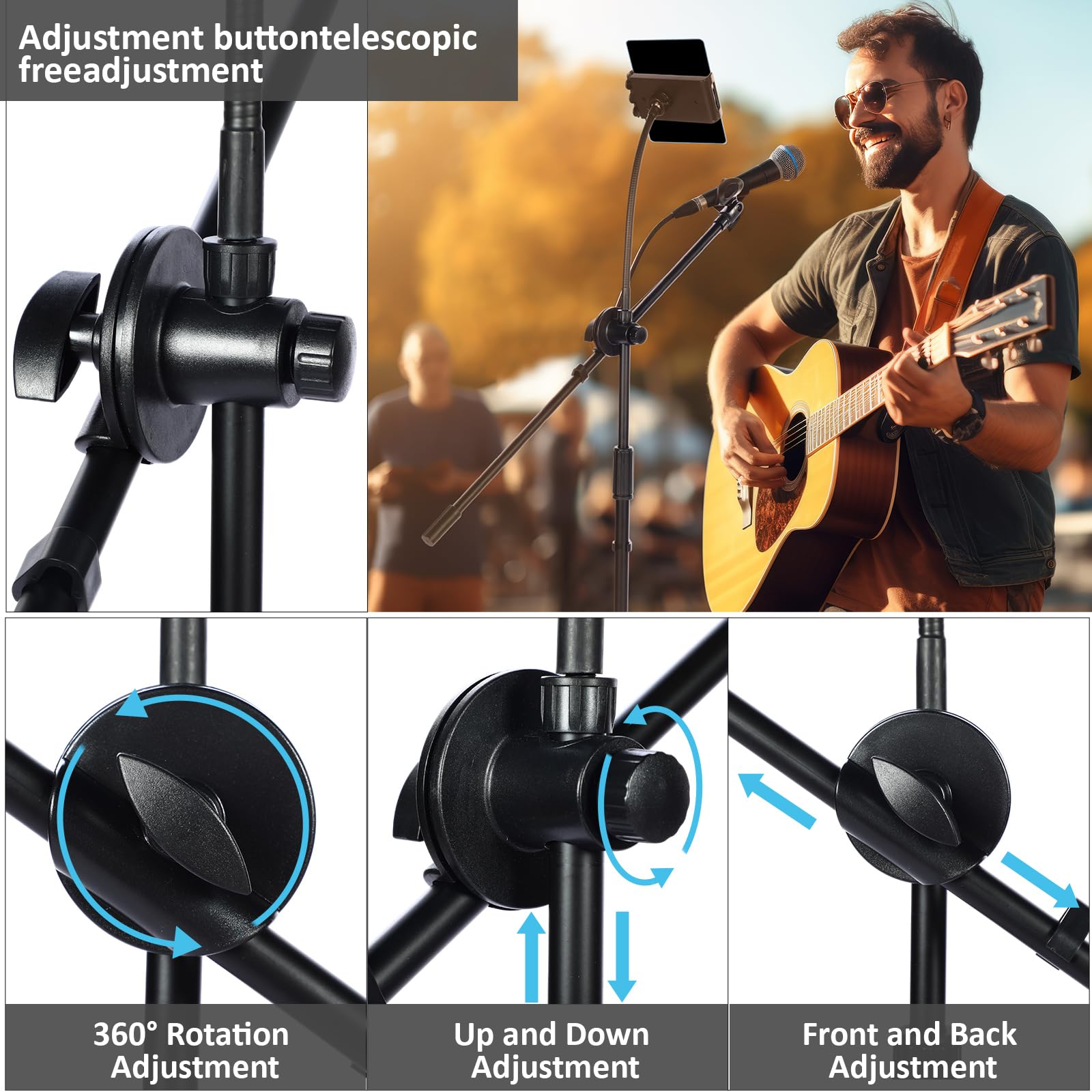 Sherr Mikrofonständer, Galgen, höhenverstellbar, mit Doppelclip, faltbar, universal, strapazierfähig, für Livestream-Singbühne (Mikrofon mit Tablet-Halterung)