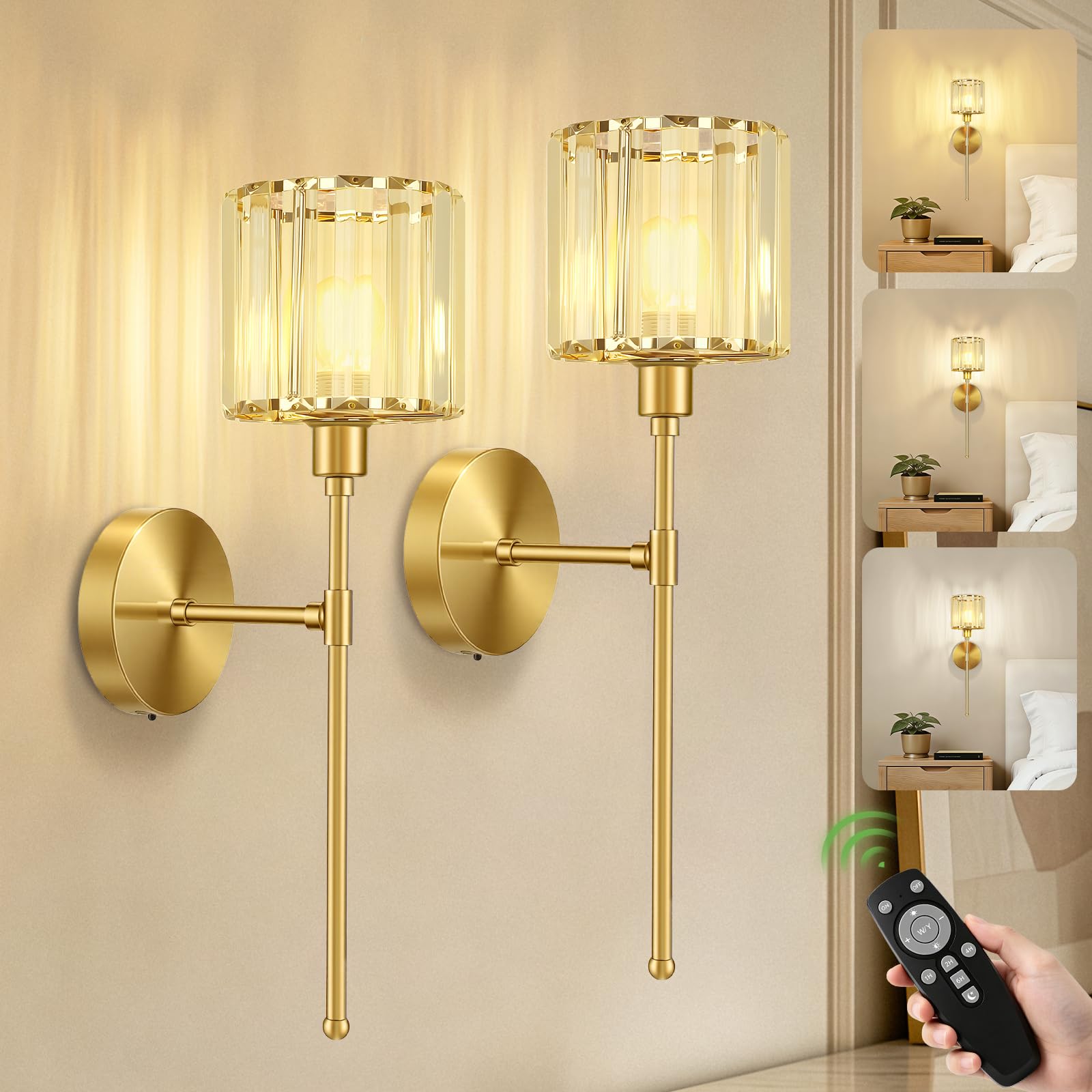 Kimjo Gold*2 Rechargeable Wall Lights Indoor, Crystal Battery Operated Wall Lights Set Of 2, Usb-C Wireless Wall Lamps & Sconces For Living Room Bedroom Hallway Staircase, Gold
