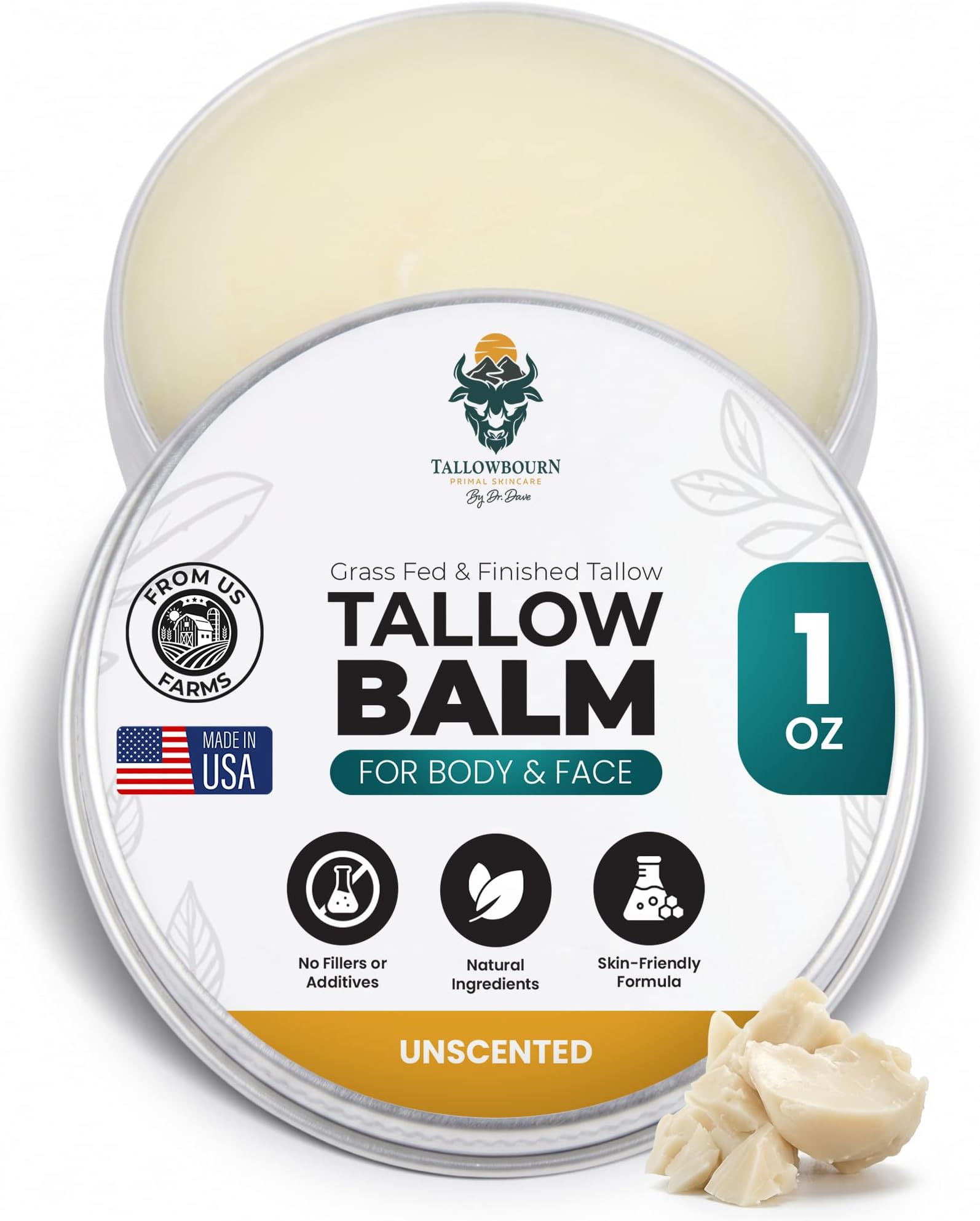 Grass-Fed Beef Tallow Balm for Face & Body – Nourishing Moisturizer with Shea Butter, Jojoba Oil, Honey & Beeswax – Revitalizing Hydration for Dry Skin – Unscented Balm – 1 oz