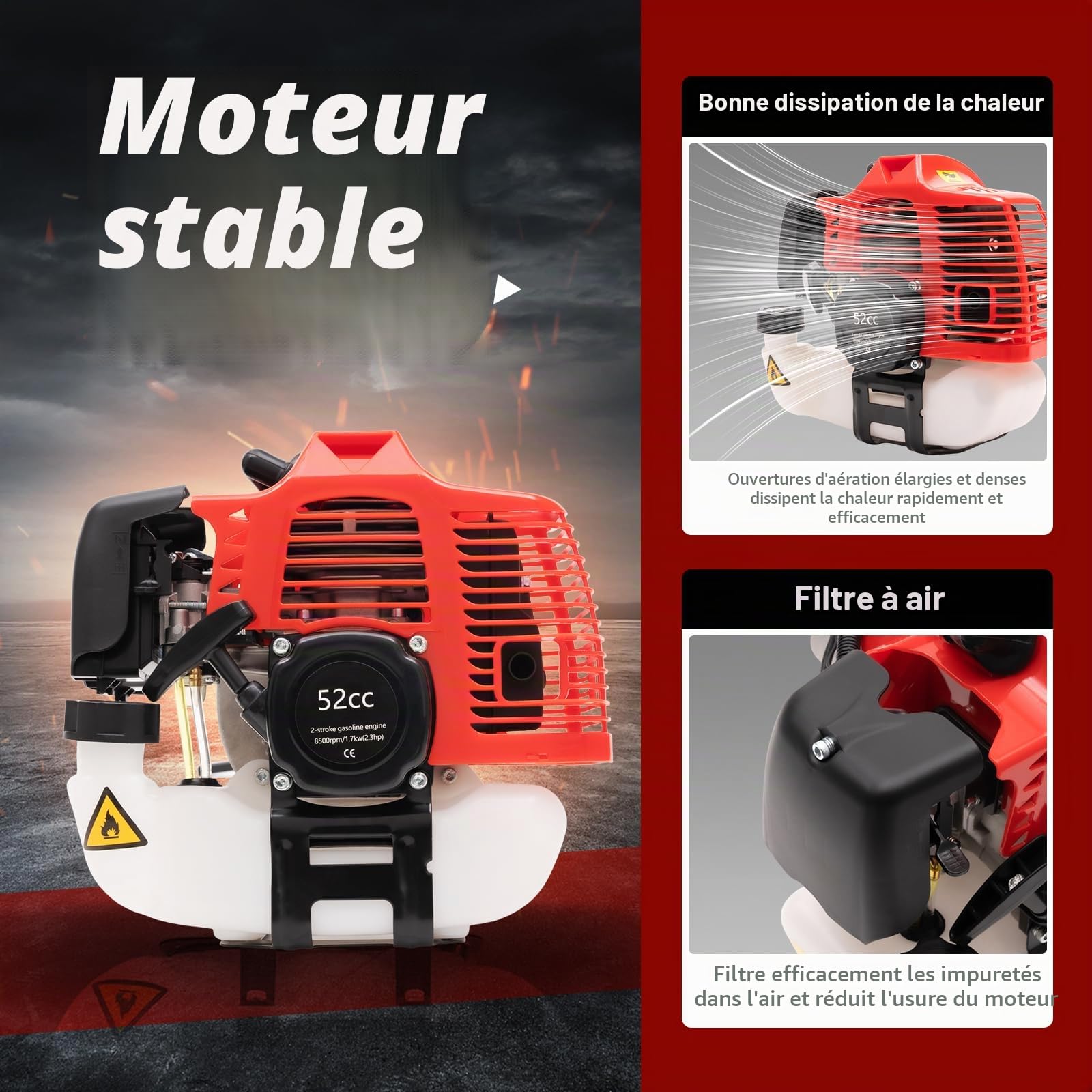 Balayeuse à essence 52CC 2.3HP Brosse à moteur à essence, balai à moteur manuel de 1,8M pour le nettoyage de gazon, feuilles, gazon artificiel, herbe et gravier