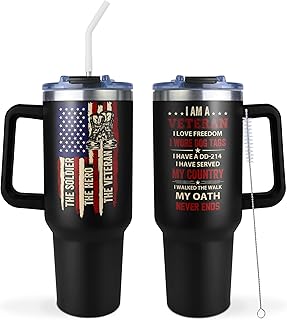 GwaLod 40oz Veteran Tumbler with Handle and Straw, Veteran Gifts for Men, Army/Air Force/Marine Corps Veteran Gifts, Vietnam Veteran Gifts, Military Retirement Gifts, Navy Military Gifts, Veterans Day