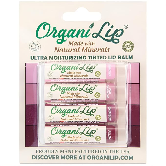 OrganiLip Tinted Lip Balm Moisturizer - Natural Moisturizer for Cracked & Dry Lips - All-Day Ultra Moisturizing Lip Care for Kids and Adults - Shimmer, Pink Champagne, Crimson, Plum Colors - 4 Pack
