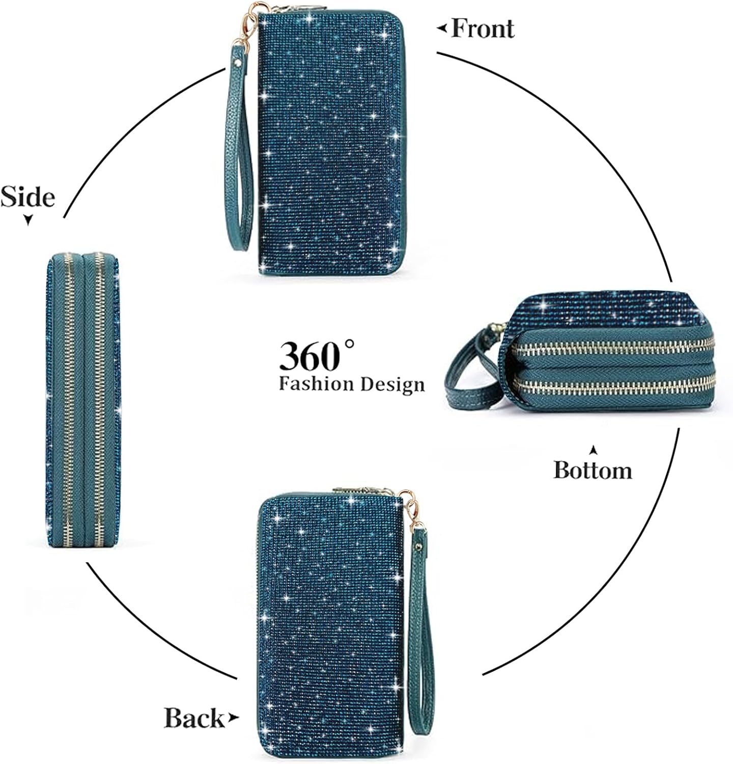 Women's Rhinestone Large Capacity Double Zipper Wristlet Clutch Purse Party Wallet Card Phone Holder - Image 4