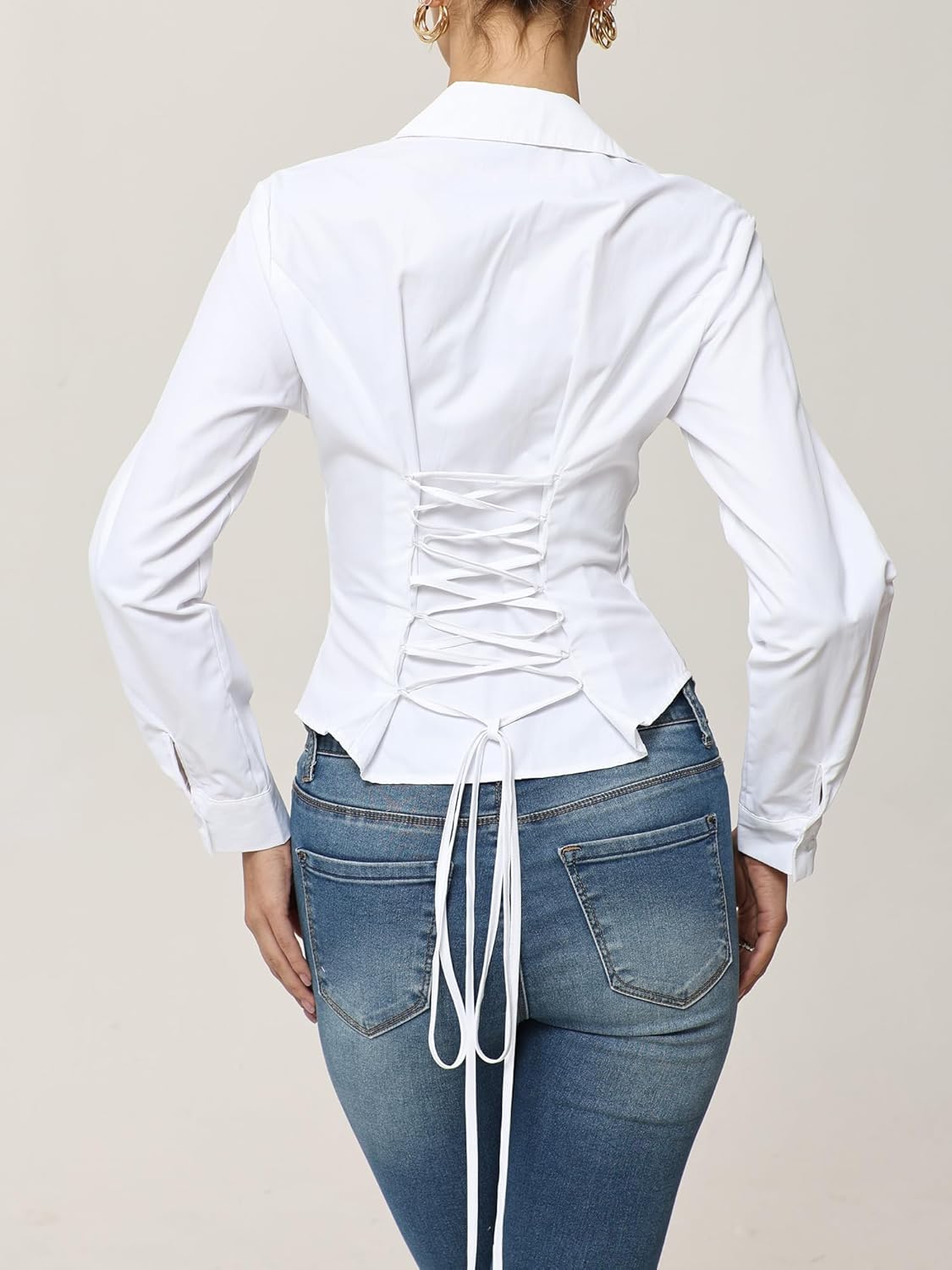 SUNNOW Women's V-Neck Ruched Blouse Long Sleeve Button Down Shirt with Lace Up Tie Back & Cinched Waist for Work Casual - Image 4