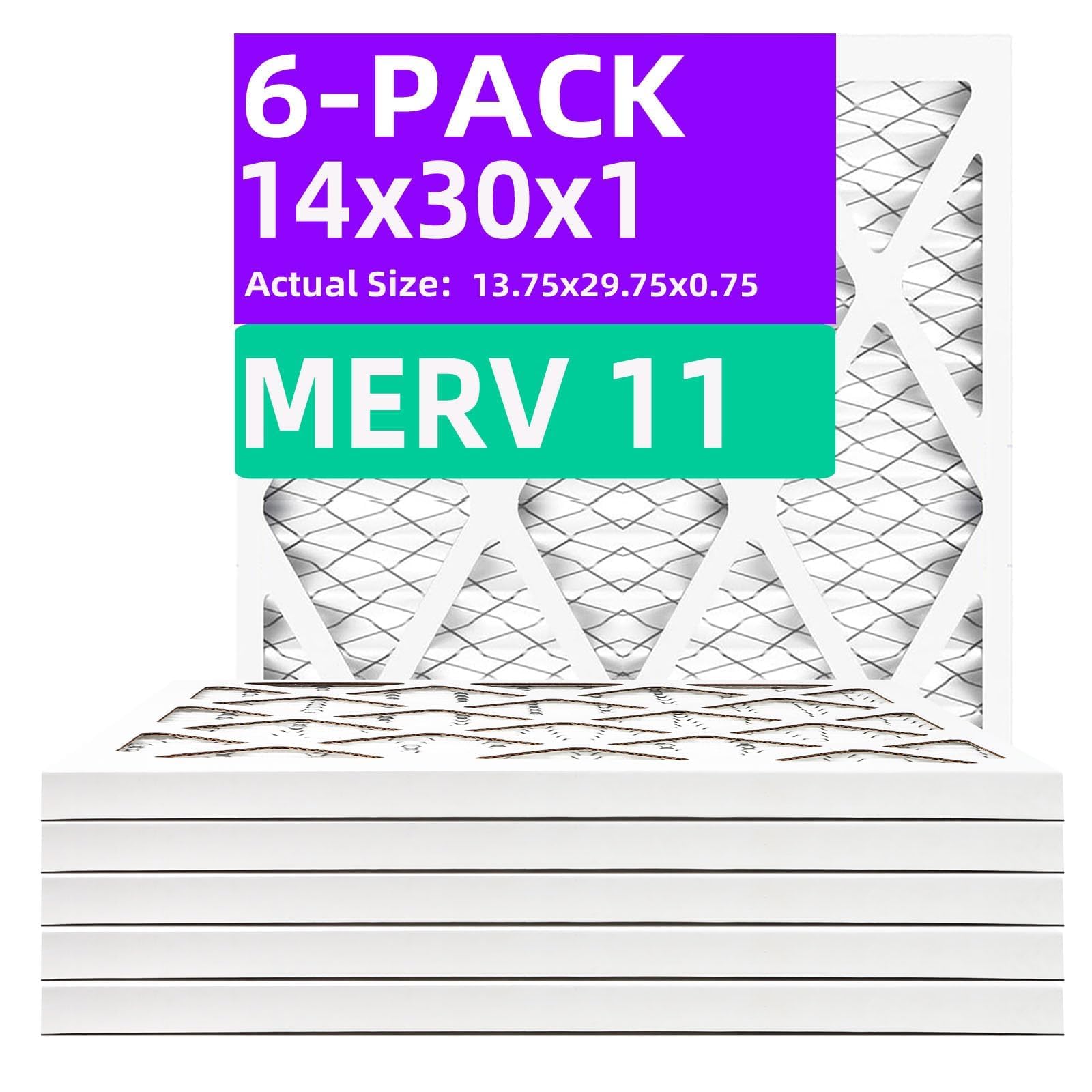 14x30x1 MERV 11 (6-Pack) MERV 11 Pleated Air Filter (Actual Size: 13.75"x29.75"x0.75") MPR 1200 & FPR 7, Furnace Air Filters