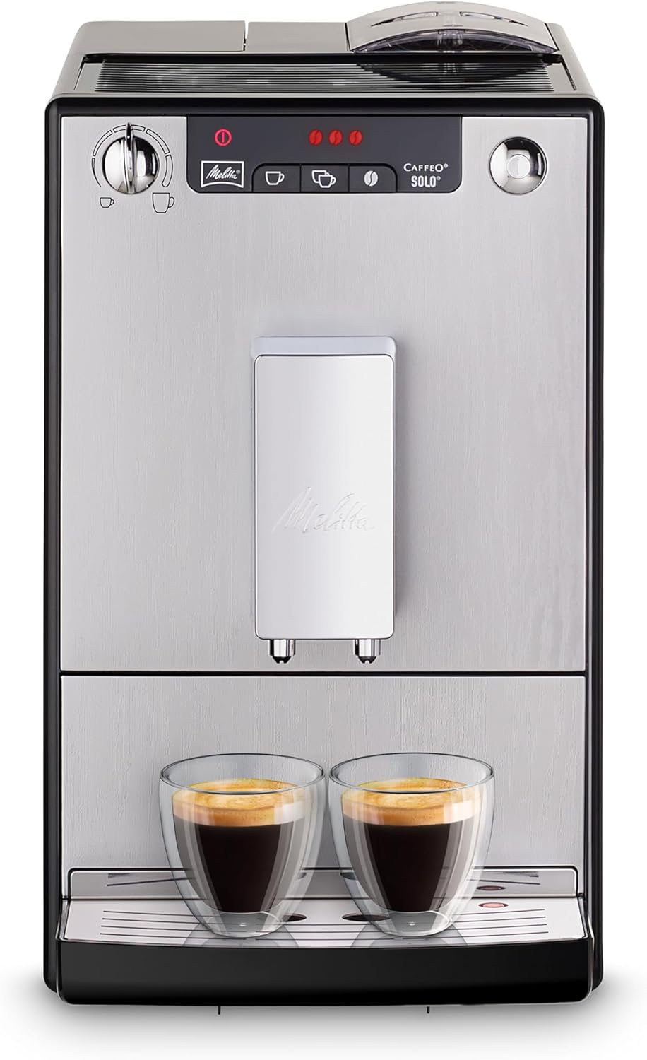 Melitta Solo Argent, Machine à Café à Grains avec Broyeur et Système d'Extraction des Arômes, Affichage LED, Mode 1 à 2 Tasses, Cafetière Expresso, Automatique, E950-203, 1400W Argent/Noir Cafetière