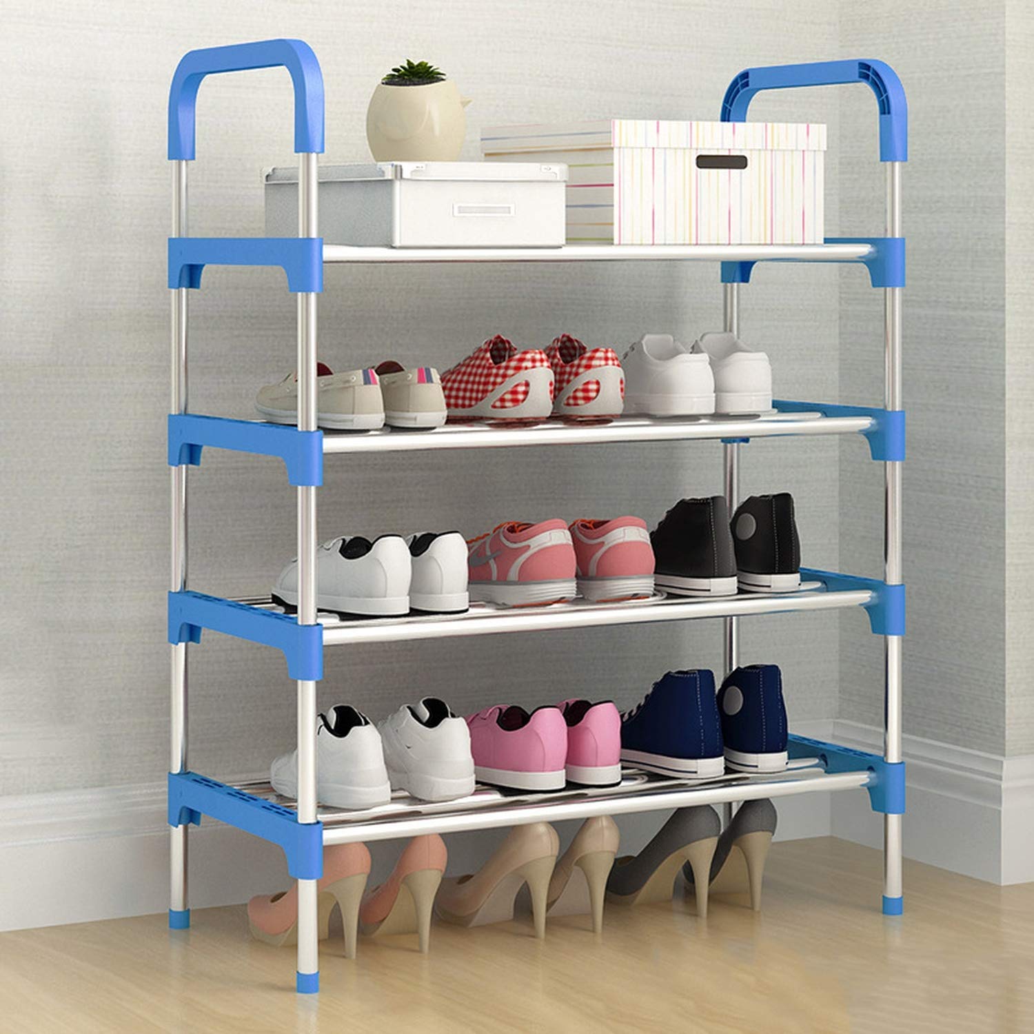 Three Secondz - Stainless Steel Shoe Rack Shoe Stand Storage Organizer Shoe Cabinet Durable Portable (4 Rows) (Blue) (B08LZXXWBW) Amazon Price History, Amazon Price Tracker