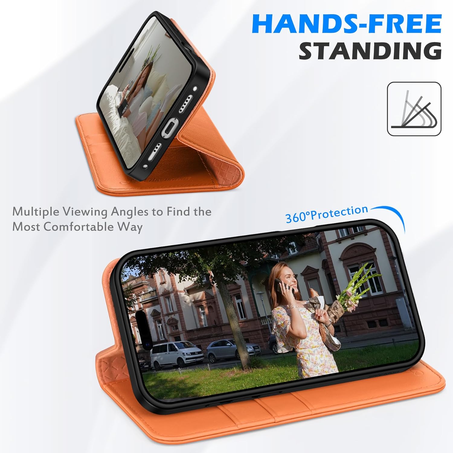 SHIELDON Genuine Leather Case Wallet for iPhone 17 6.3-inch 2025 | Folio Design, Magnetic Closure, Kickstand, RFID Blocking Credit Card Slots, Full Protection, Soft Phone Cover - Orange