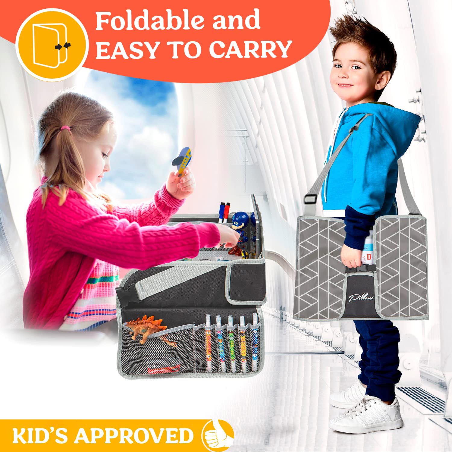 PILLANI Bandeja de Viaje para niños, Bandeja de Asiento de Coche para niños, artículos Esenciales para Viajes por Carretera, Bandeja de Mesa para Asiento de Coche para Actividades de Viaje por