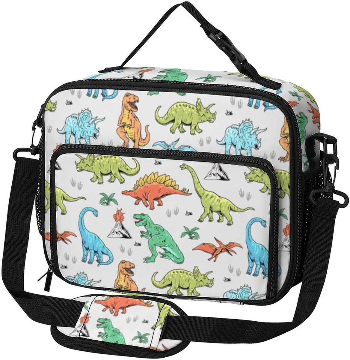 Fiambrera para niños y niñas, diseño de dinosaurio dibujado a mano, bolsa de almuerzo aislada de gran capacidad con correa ajustable para el hombro, bolsa de mano más fresca para el regreso a la escuela, trabajo, oficina, picnic