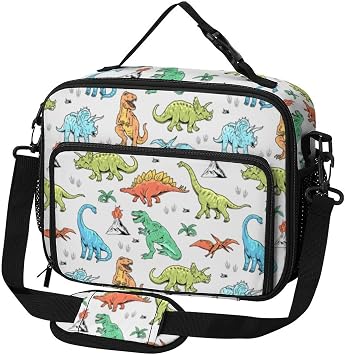 Kids Lunch Box for Boys Girls,Hand Drawn Dinosaur Pattern Large Capacity Insulated Lunch Meal Bag With Adjustable Shoulder Strap, Cooler Tote Bag for Back to School Work Office Picnic
