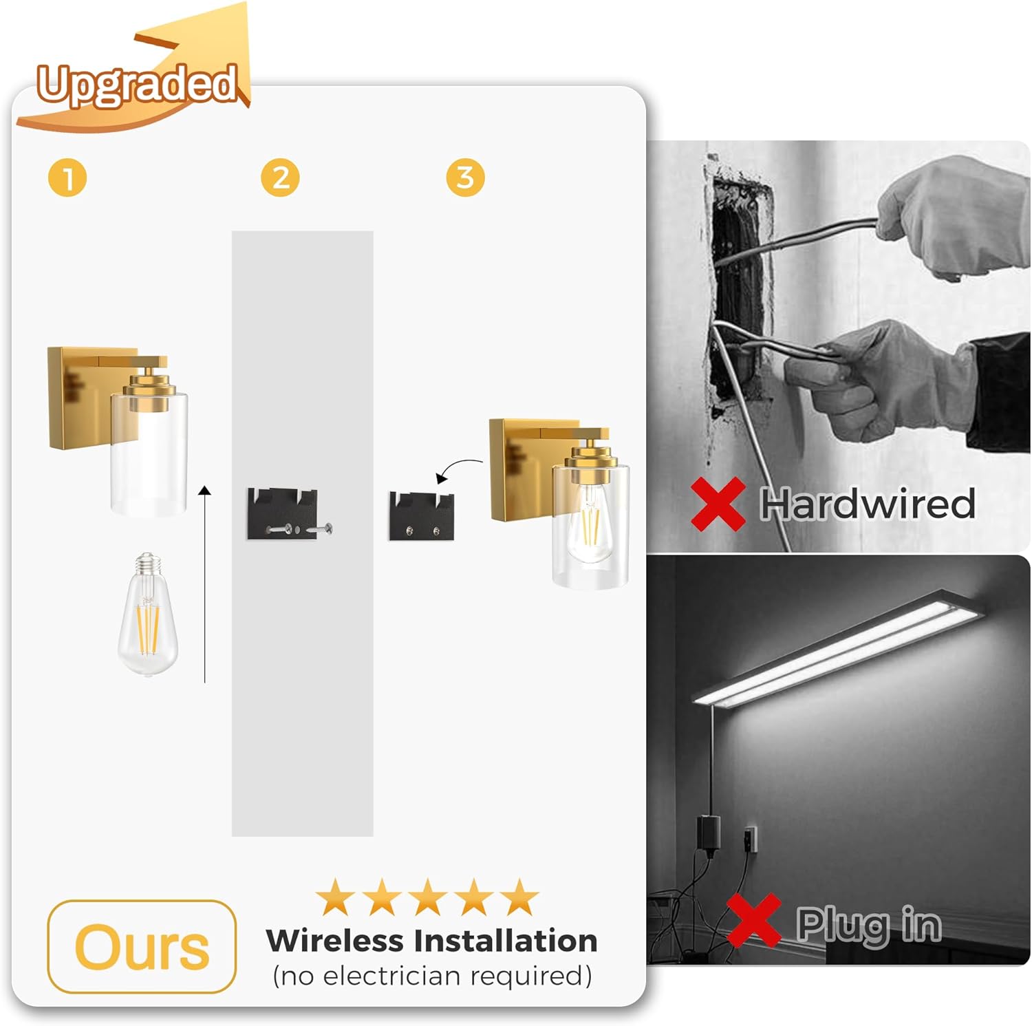 L LOHAS Battery Operated Wall Sconce Set of 2, Rechargeable Cordless Wall Lights with Remote and Dimmable 3000K Bulb, Gold Wall Sconces Battery Operated for Bedroom, Living Room, Bathroom, Hallway
