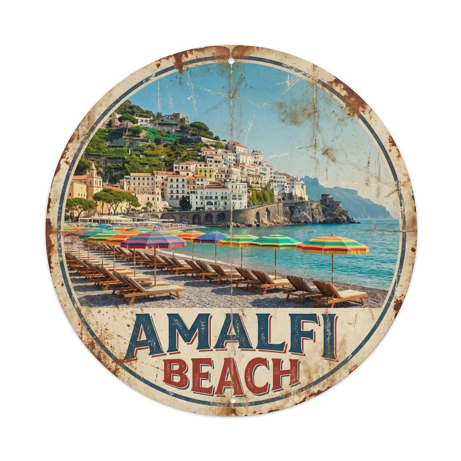 Italian Coast Parasol Beach Amalfi Classic Travel Heritage Metal Tin Sign Plaque Wall Decor for Cafe, Man Cave, Club Bar, Office, Home Garden Round Metal Poster 8x8Inch