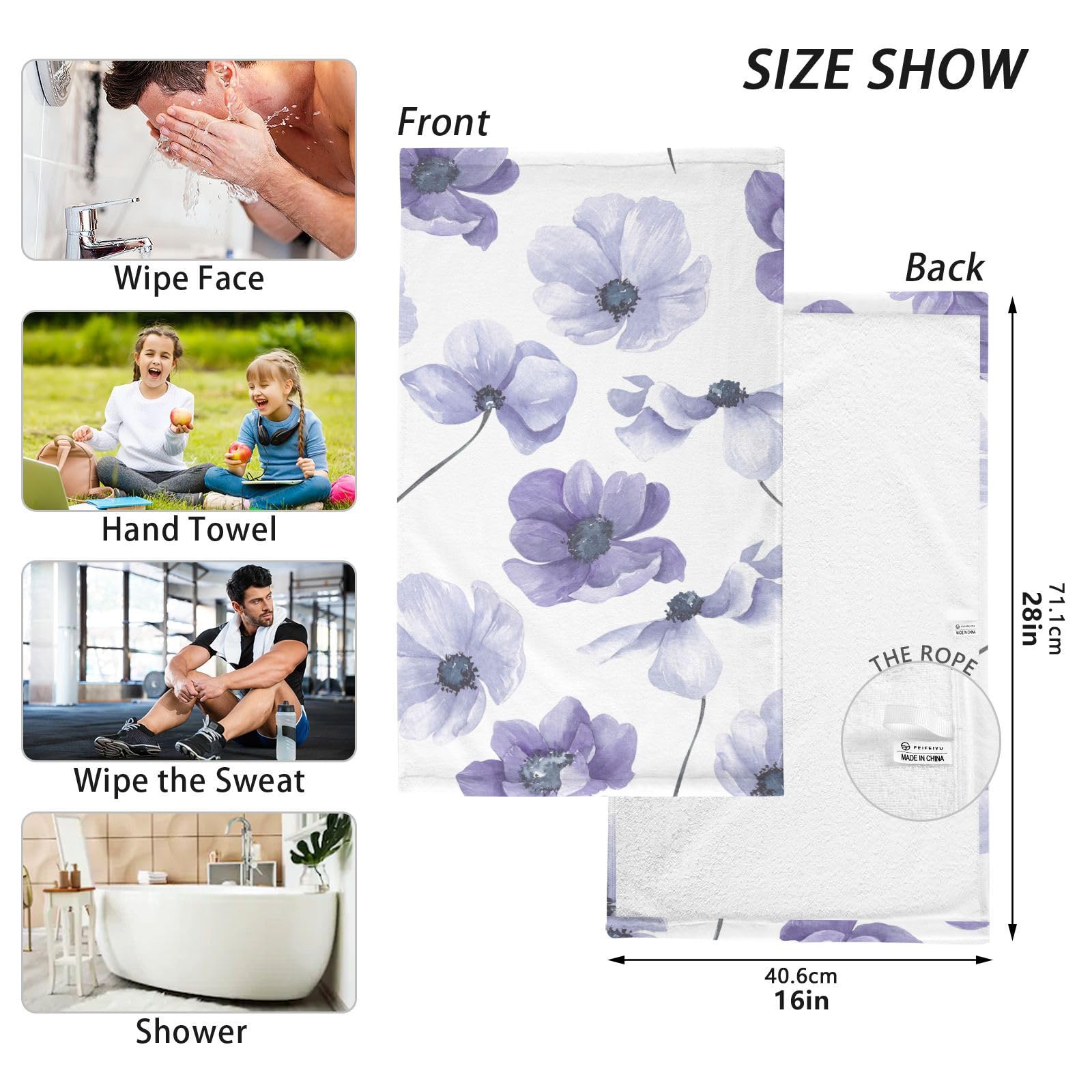 Asciugamani assorbenti e morbidi in cotone Flower 04 Set di asciugamani da bagno multiuso ad asciugatura rapida salviette naturali per pelli delicate, confezione da 2