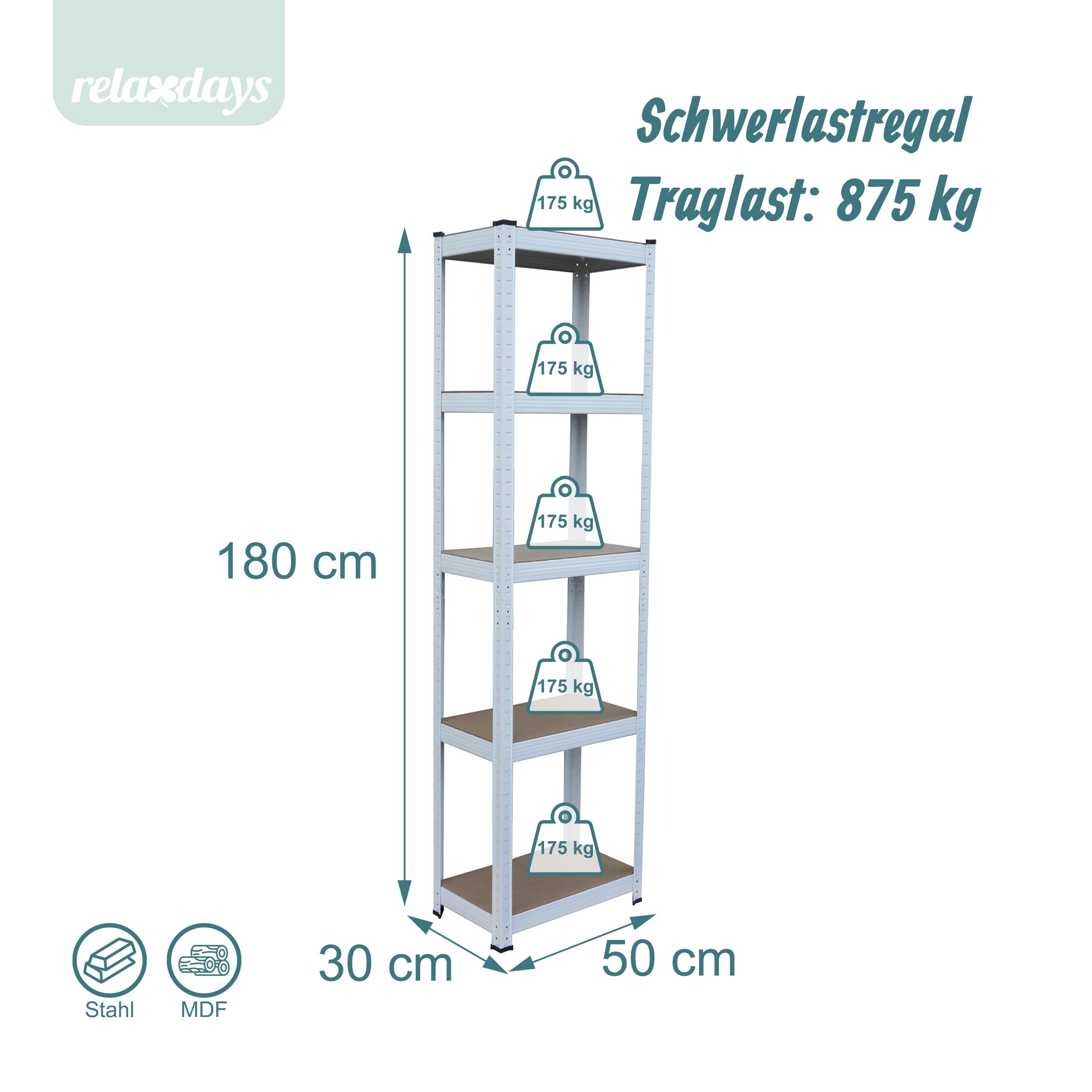 Relaxdays Schwerlastregal, HxBxT: 180x50x30 cm, 875 kg, 5 Ebenen, Lagerregal Keller & Garage, zum Stecken, weiß/braun