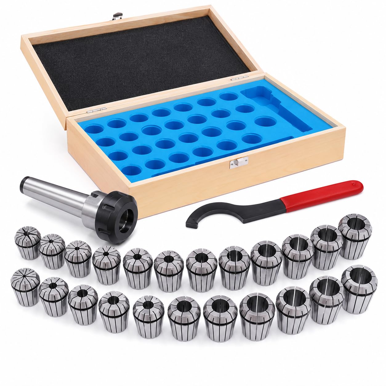 Set di 23 pinze ER40 ad alta precisione con MK4/MT4 M16, in acciaio per fresatrice CNC e tornio, con scatola in legno, argento, nero, rosso