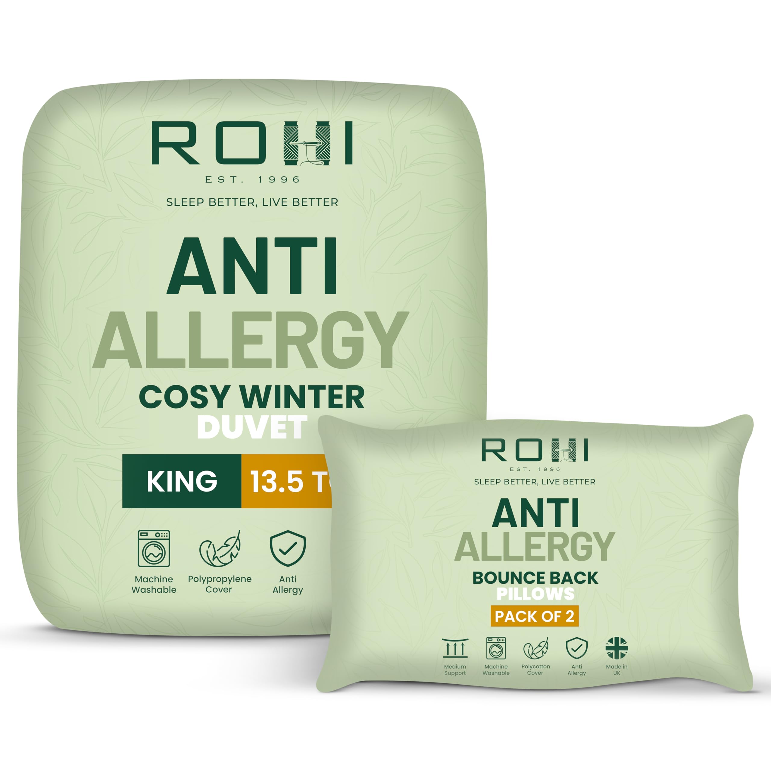 Rohi White Anti-Allergy King Duvet 13.5 Tog With 2 Deluxe Pillows – Luxurious Warm Winter Duvet – Soft & Breathable Corvin Quilt