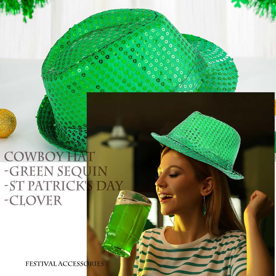 Coridy St. Patrick's Day Hat Green Sequin hair wear Cowboy Hats Bling Hair Accessories for Women