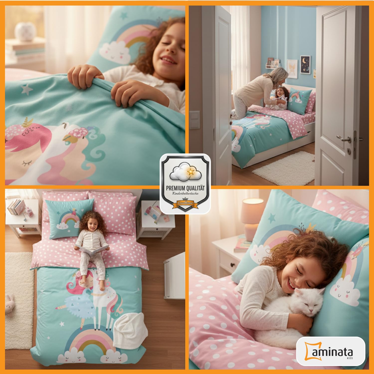 Aminata kids Bettwäsche Kinder 135x200 Mädchen Einhorn Motiv aus 100% Baumwolle mit Reißverschluss - Einhornbettwäsche türkis rosa Regenbogen