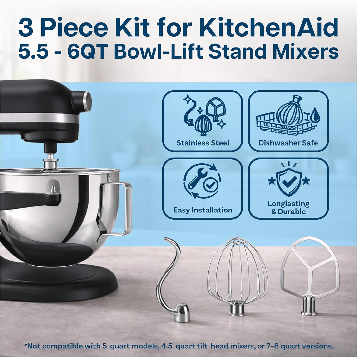 Stainless Steel 3-Piece Kit Attachments for KitchenAid 5.5 to 6 Quart Bowl-Lift Stand Mixers – Includes Dough Hook, 6-Wire Whip and Flat Beater – Dishwasher Safe
