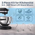 Kit d'accessoires en acier inoxydable de 3 pièces pour les mélangeurs sur socle KitchenAid de 5,5 à 6 quarts – Comprend un crochet à pâte, un fouet à 6 fils et un batteur plat – Lavable au lave-vaisselle