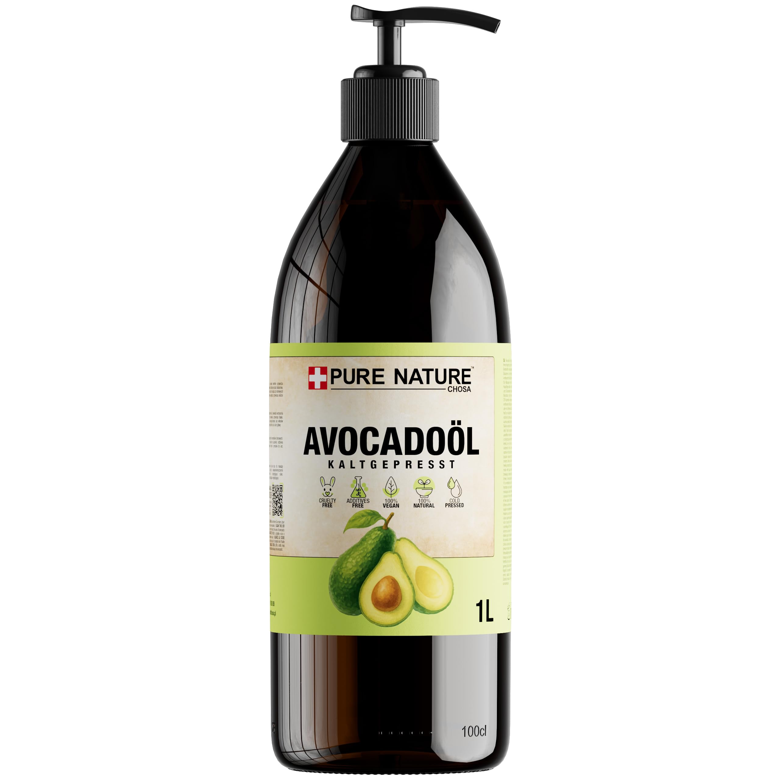 CHOSA Bio Avocadoöl Kaltgepresst Nativ 1 liter + Spender - Avocado Öl 100% Reines ohne Zusatzstoffe - Avocado Oil Für Gesicht, Haare, Körper, Haut, Nägel, Kosmetik - 1l, 1000 ml
