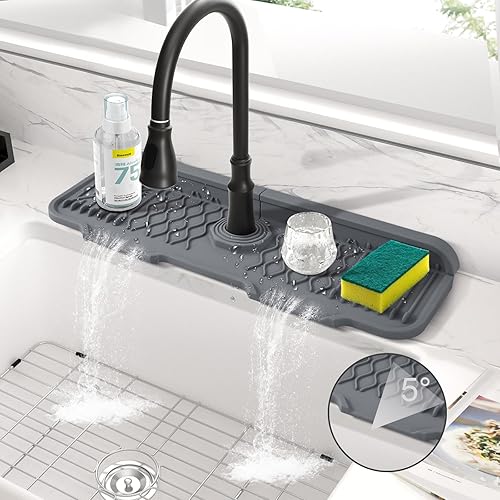 Miniatura 7 de Protector contra salpicaduras para fregadero de cocina, alfombrilla de silicona para grifo de cocina, diseño de pendiente de 5 para un drenaje más