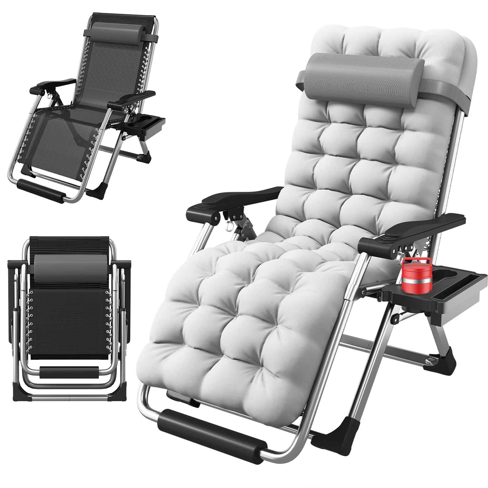 HEMUYT Tumbonas Jardin Exterior, Tumbona Silla Gravedad Cero con Cerradura de Aleación de Aluminio, Soporte para Bebidas y Almohadilla para los, Soporta 200kg, Silla Plegable Ajustable para Patio