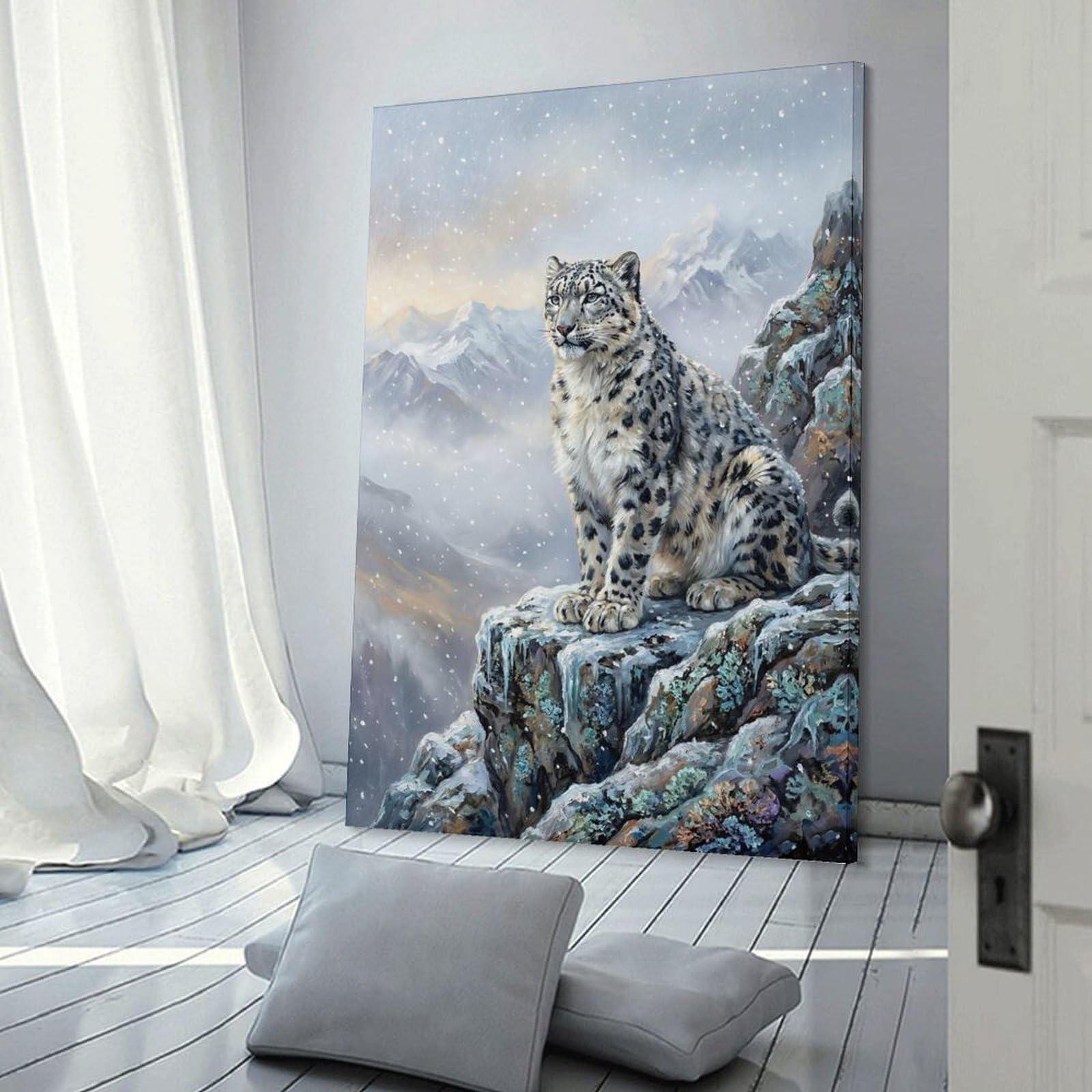 Junmoney Snow Leopard on Snowy Mountain Cliff Home Decor Wall Art, 24x36inch(60x90cm), for Apartments, Flats Or New Home Decor, An Easy Choice for New Home Styling