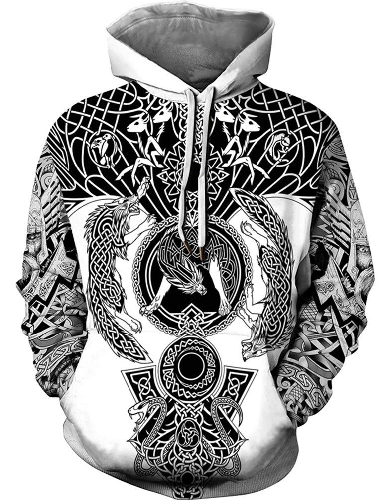 KIDVOVOUMen's Norse Mythology Hoodies 3D Viking Tattoo Print Pullover Sweatshirt S-5XL,Fenrir,XL, Fenrir Wolf, XL