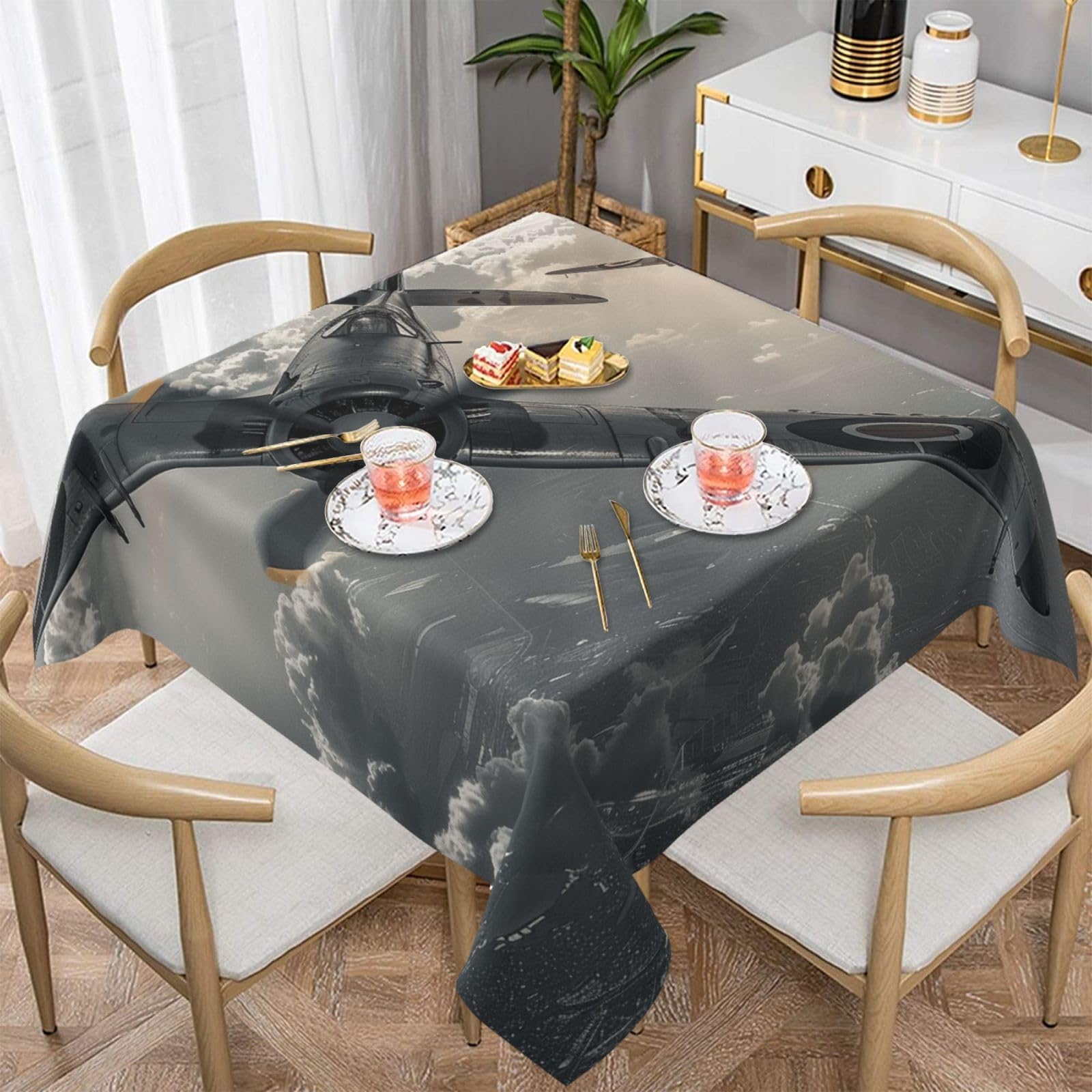 WPKJU World War 2 Aircraft Airplane Printed Square Tablecloth 54x54 inch Water Resistant Table Cover Washable Rectangle Table Cloth for Dining Tables