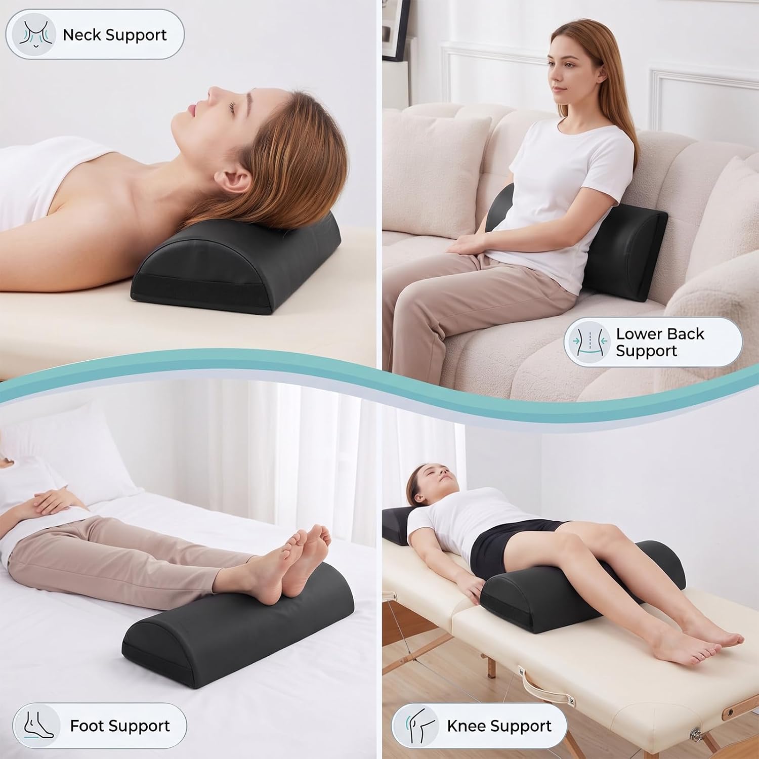 Half Round Massage Table Bolster, Bolster Pillow for Massage Yoga | 26 x 9 x 4.5 Inch, Black, Under-knee Pillow Pad, Massage Bolsters for Under Legs, Hip Back Ankle Pain Relief