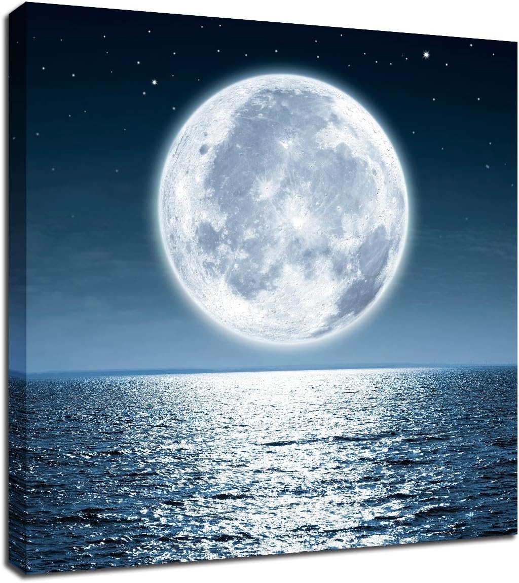 Moon Painting Wall Art Canvas - Moonrise at Sea Ocean Framed Pictures for Living Room Decorations 12x12inch Home Office Modern Landscape Poster Nature Print Ready to Hang Bedroom Bathroom Artwork