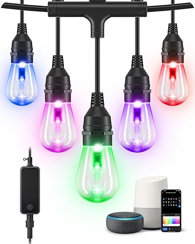 EDISHINE Cadena de luces inteligentes de 96 pies, tira de luces para exteriores con 36 bombillas LED RGB, aplicación y control de voz, luces
