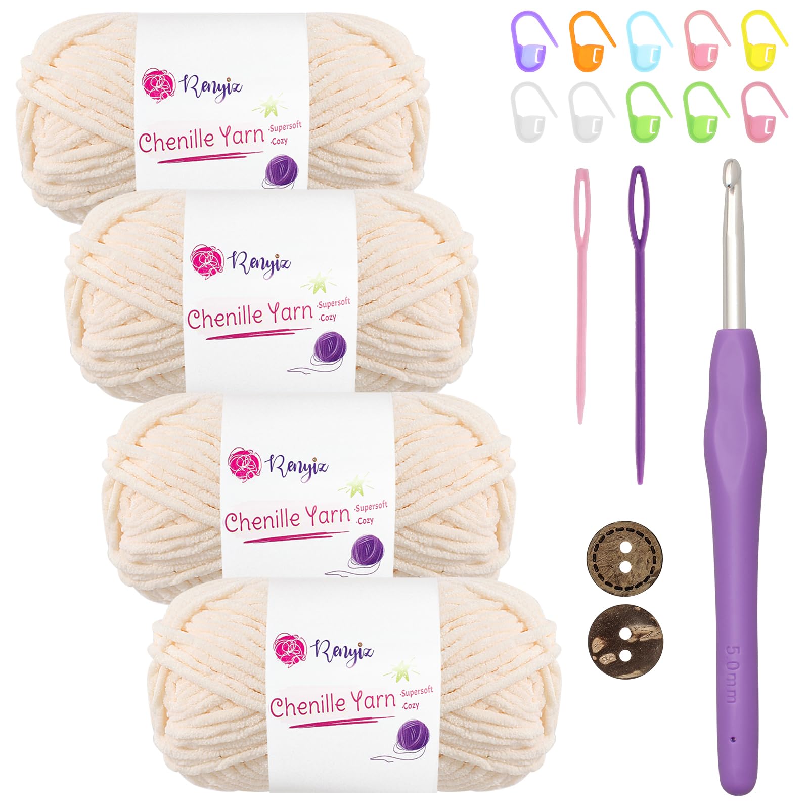Thick Soft Chunky Chenille Yarn 4x50g(60m/Skein) Fluffy Wool Perfect for Crochet Baby Blankets with 5mm Crochet Hook