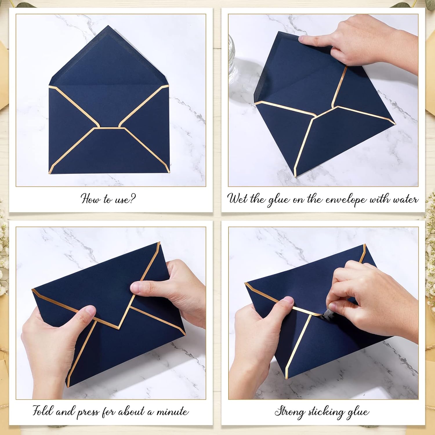 Teling 100 Pack Invitation Envelopes A7 V Flap Envelopes 5x7 with Gold Border Gummed Closure for Wedding Birthday Graduation Bridal Shower Business Invitation Greeting Cards Photo(Dark Blue)