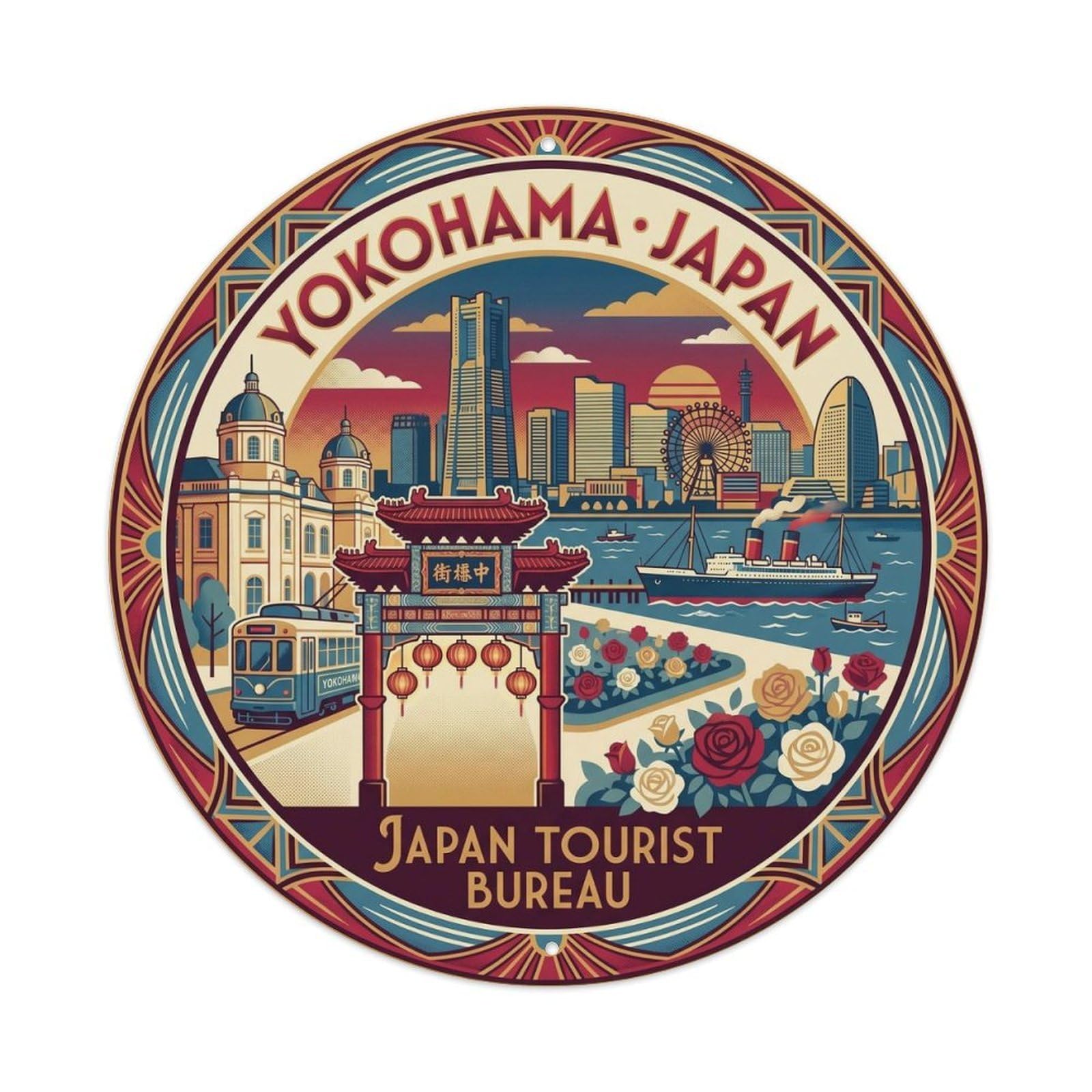 Yokohama Chinatown Harbor 1930s Travel Japan Railway Metal Tin Sign