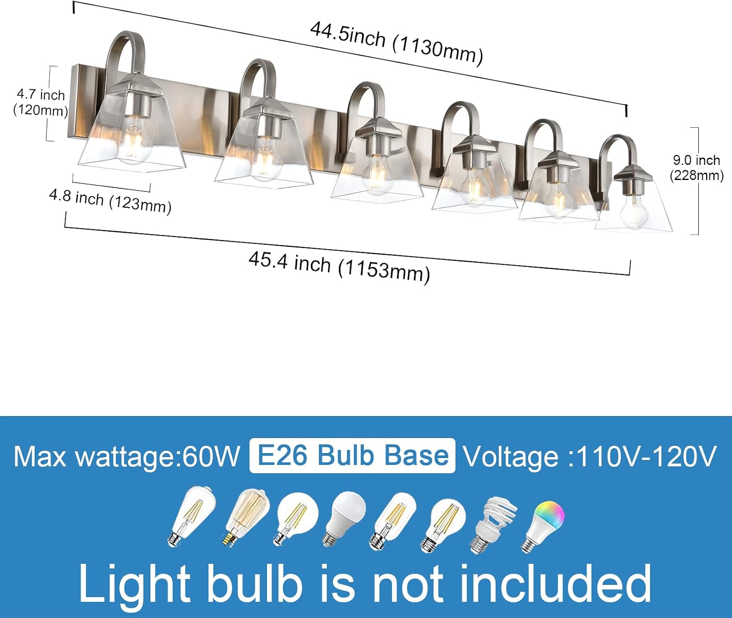 6 Light Bathroom Vanity Lights, Clear Glass Shades Sconces Wall Lighting Modern Brushed Nickel Vanity Lighting fixtures for Bathroom, Bedroom, Hallway