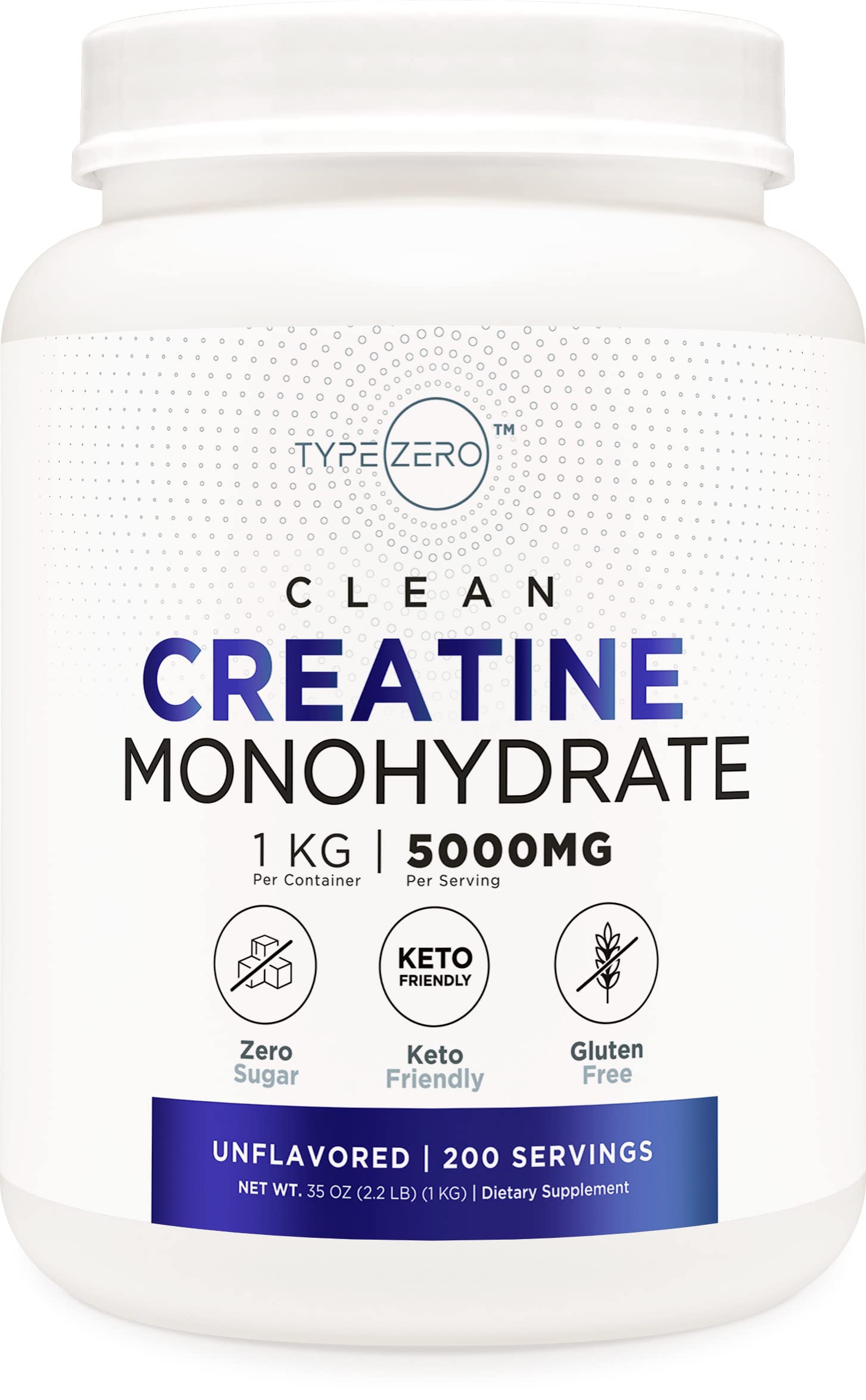 Type ZeroCreatine Monohydrate (Unflavored) 1 KG, 5000mg (5g) Per Serving, Micronized, Zero Sugar, Keto Friendly & Gluten Free, 200 Servings
