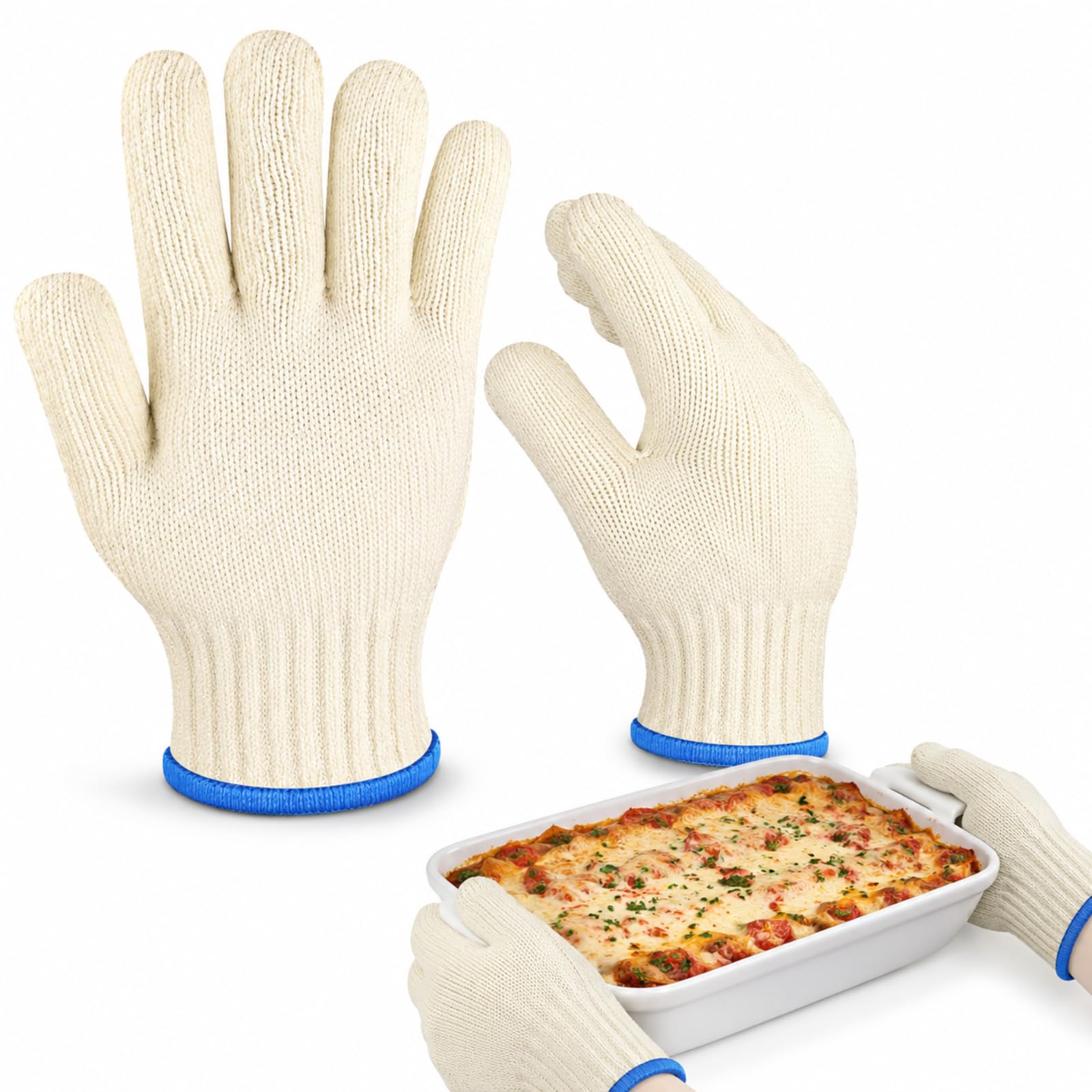 Heat Resistant Oven Gloves - Reusable Five Finger Oven Gloves, Thickened Cotton Baking Mitts Double Layer Knit Heat Protection For Baking,Fireplace Grilling, Outdoor BBQ, up to 482°F/250°C