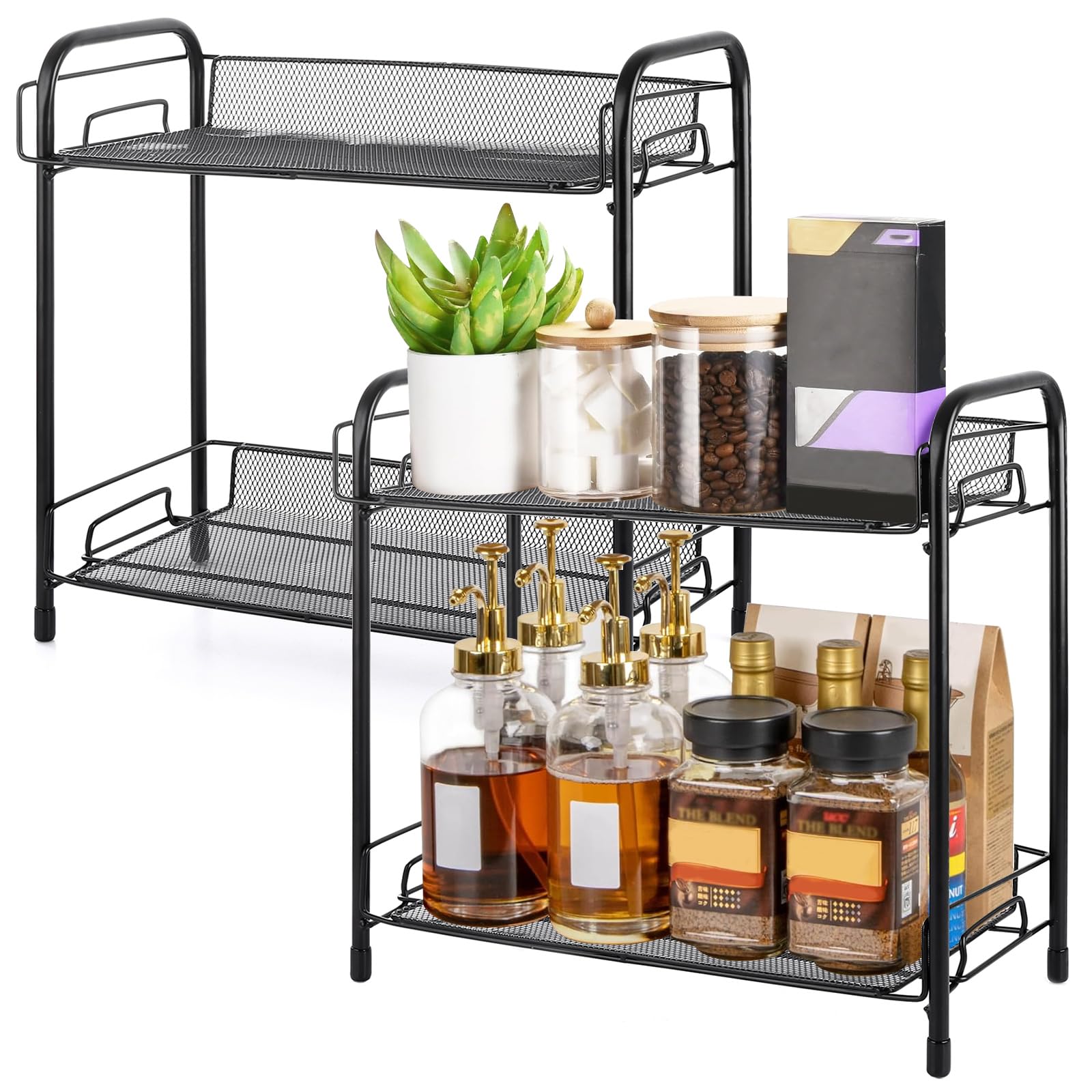YAYODS 2 Pack Coffee Station Organizer, 2 Tier Countertop Coffee Bar Stand for Kitchen Worktop, Tea & Coffee Storage Shelf, Coffee Corner Organiser Rack, 36x17x33cm