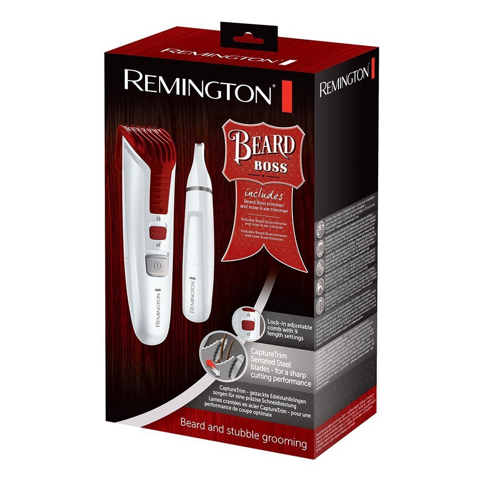 Remington Beard Boss MB4122 – Kit Barbero y Cortapelos para Nariz, Orejas y Vello Facial, Cuchillas Inox, Blanco y Rojo, Funciona con Pilas