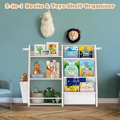 Miniatura 5 de Estantería y organizador de juguetes para niños, estantería de 3 niveles para niños, estantería Montessori para habitaciones de niños, dormitorio,