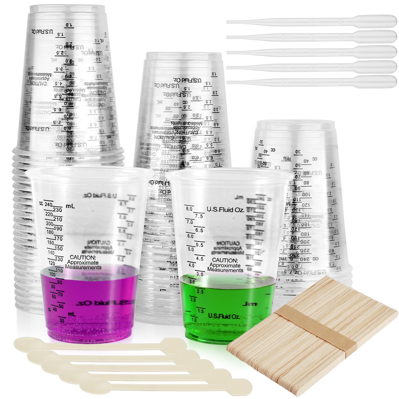 40 Misurini Plastica 30ml + 50 Bastoncini Legno - Per Resina, Vernici, Cucina - Trasparenti