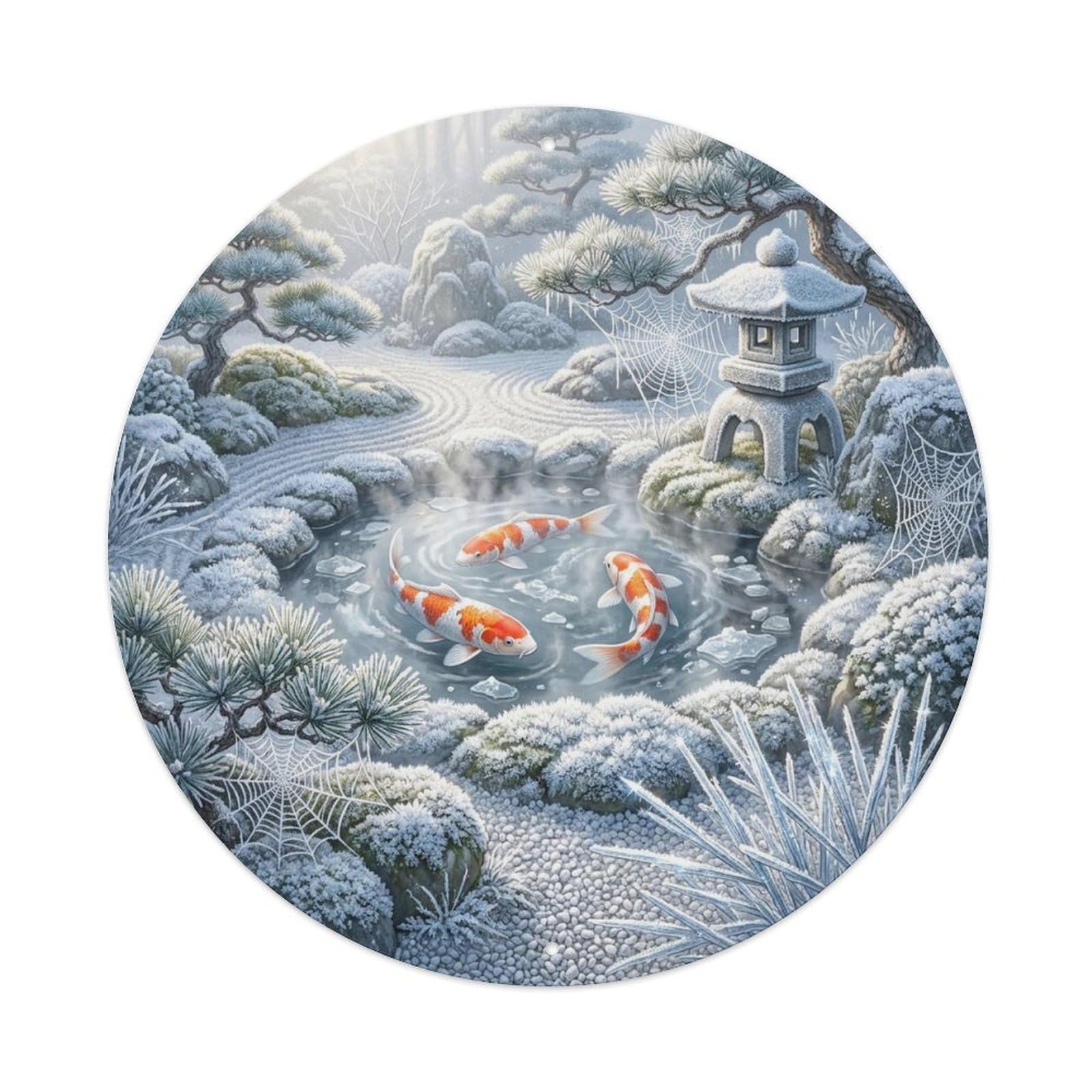 Olyhtr 8X8inch Classic Style Winter Koi Pond Vintage Landscape Frost Sparkle Metal Tin Sign