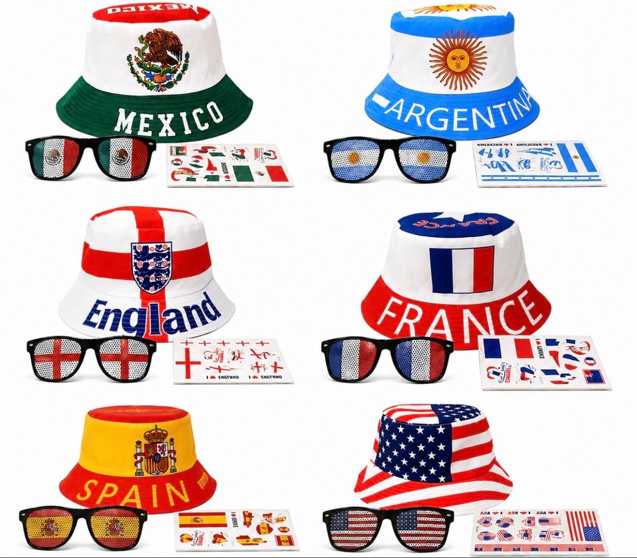 3 Piece World Soccer Bundle With One-size Bucket Hat, Sunglasses (for cheer/patriotic use) & Temporary Tattoos FRA, MEX, ESP, ENG, US, ARG.