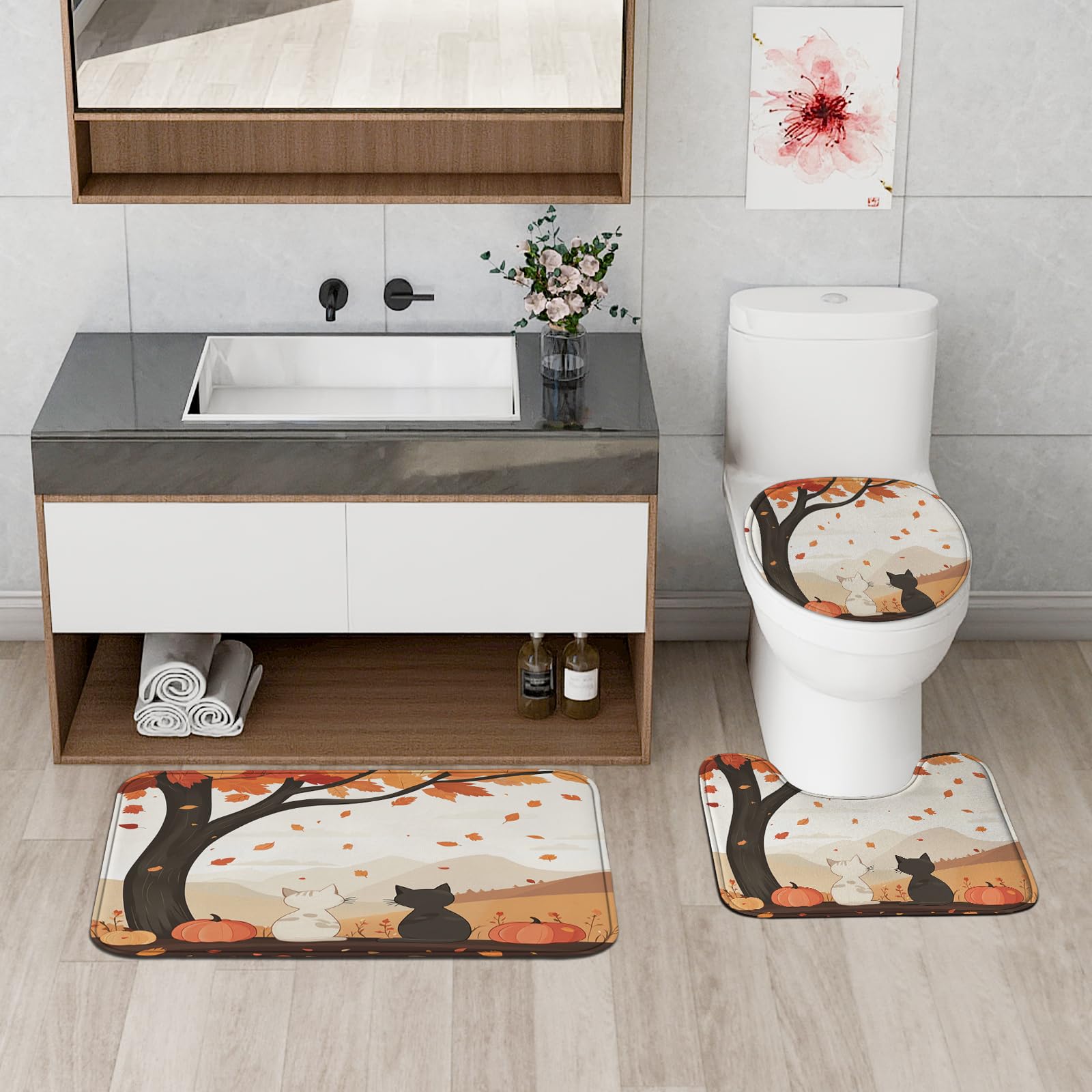 Juego de 4 piezas de baño con diseño de gato, accesorio de baño con alfombra antideslizante, en forma de U y cubierta de tapa de inodoro, decoración de baño de hoja de arce de árbol otoñal, 72 x 72