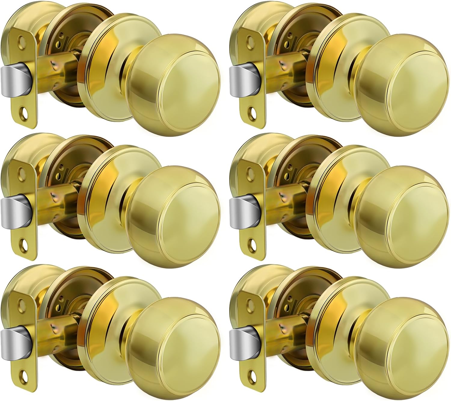 goldenwarm Polished Brass Door Knobs Gold Interior Door Knobs - Passage Door Knob for Hallway and Closet, 6 Pack